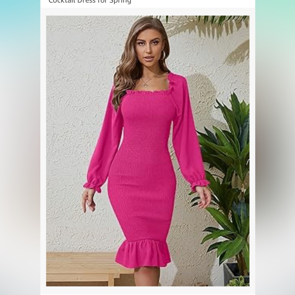 SENFURE Women's Long Sleeve Pink Square Neck Dress Ruffle Smocked Bodycon XL